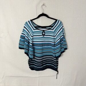 Axcess Liz Claiborne Blue Striped Pointelle Knit Dolman Sleeve Top Small